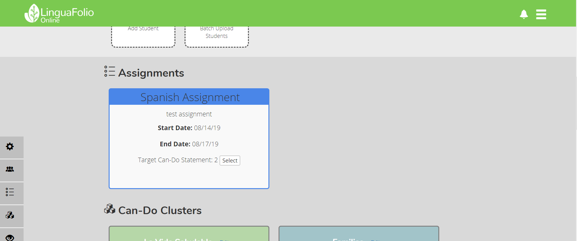 screenshot of assignments on the dashboard
