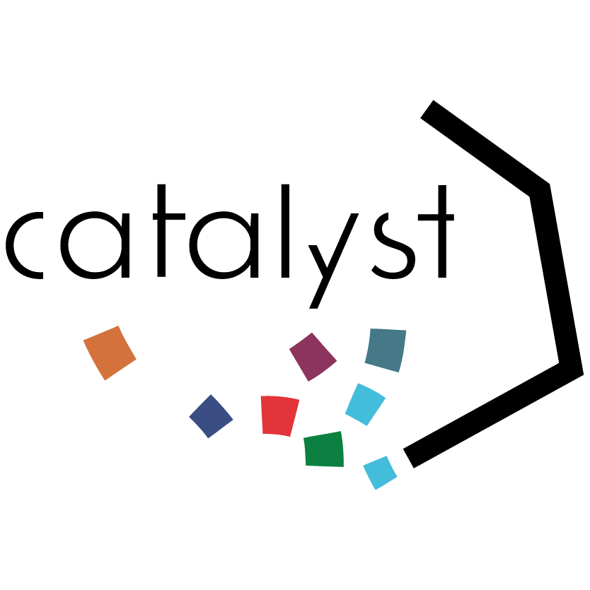 abstract logo with squares and a line with the word catalyst